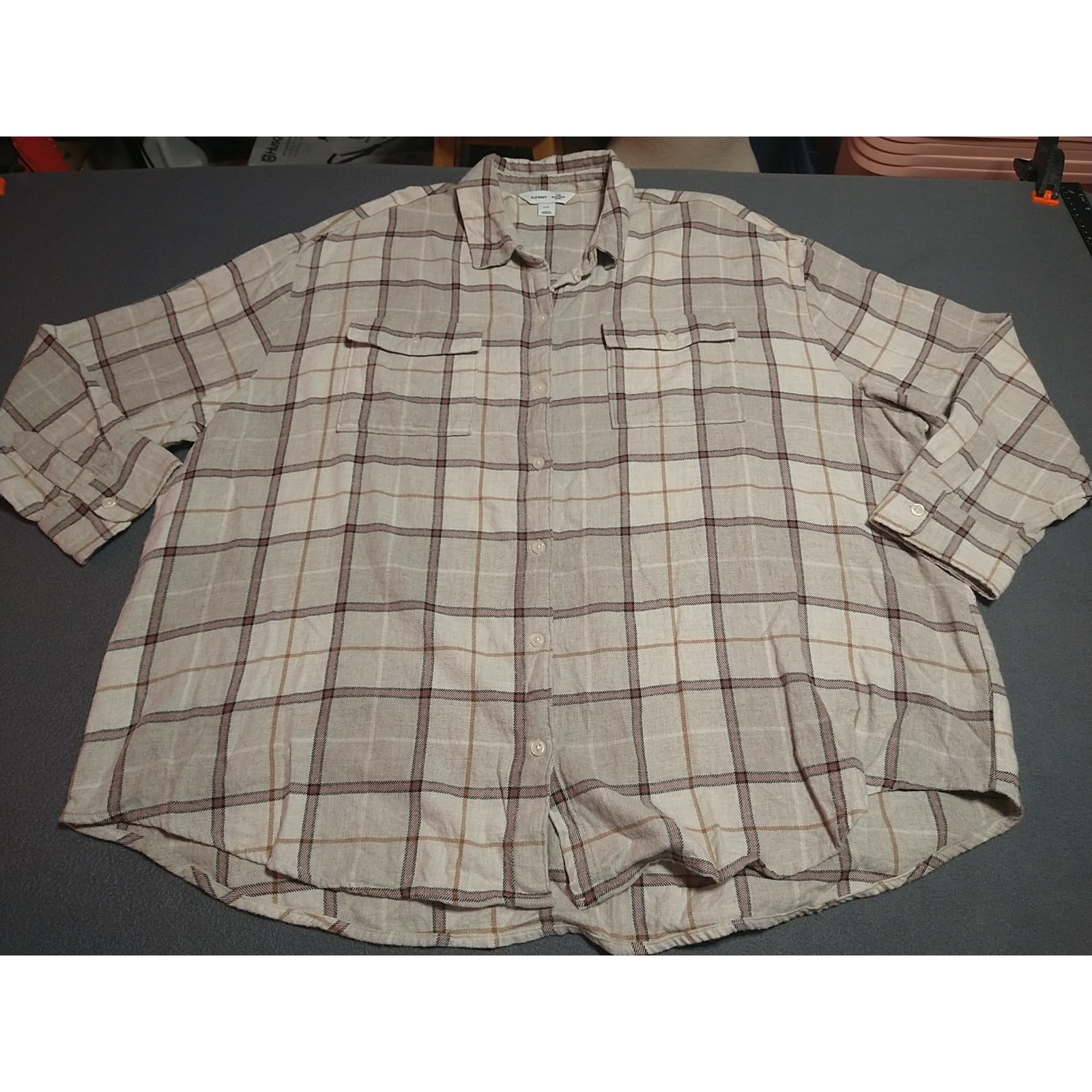 Old Navy Flannel Shirt Ladies Xxl Cream Plaid Boyfriend Classic Outdoors Farmer